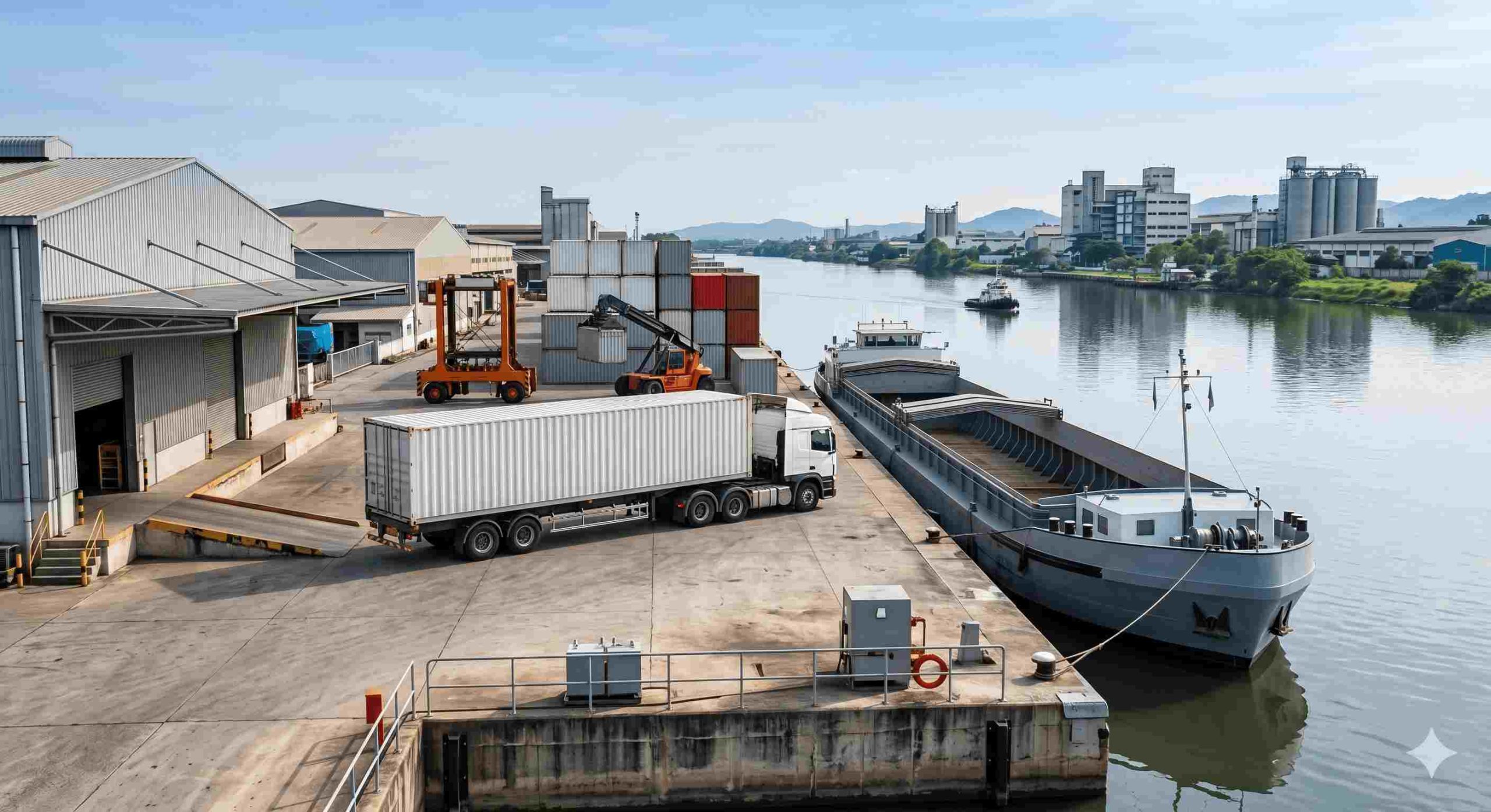 Ilustrasi Integrasi armada trucking dan tongkang dari layanan Logistik Industri Purwakarta Pelita Buana