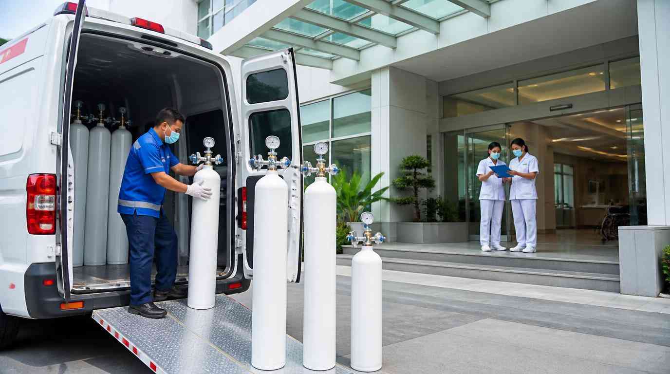 Ilustrasi Pengiriman tabung oksigen klinis oleh supplier gas medis Bekasi ke rumah sakit