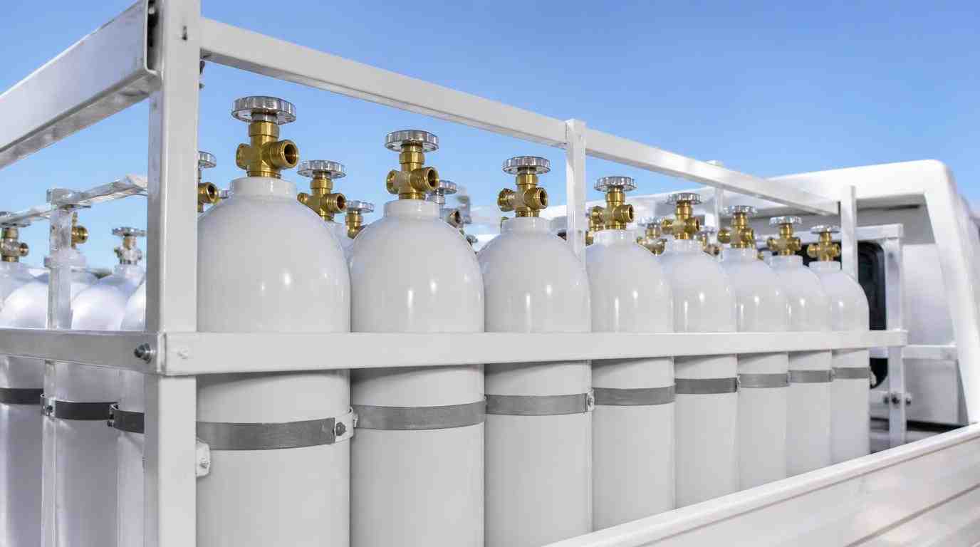 Ilustrasi Professional healthcare photography of clean, white medical oxygen cylinders being loaded carefully into a delivery van outside a medical clinic in Cikampek, daytime. Bright daylight, crisp focus on safety valves and metallic cylinders, high-end healthcare logistics aesthetic. Completely clean with absolutely no text, no branding logos, and no watermarks in the entire image.